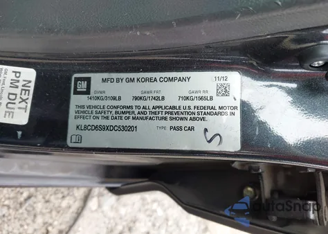 2013 Chevrolet Spark 1Lt Auto z USA, uszkodzony, nr VIN KL8CD6S9XDC530201